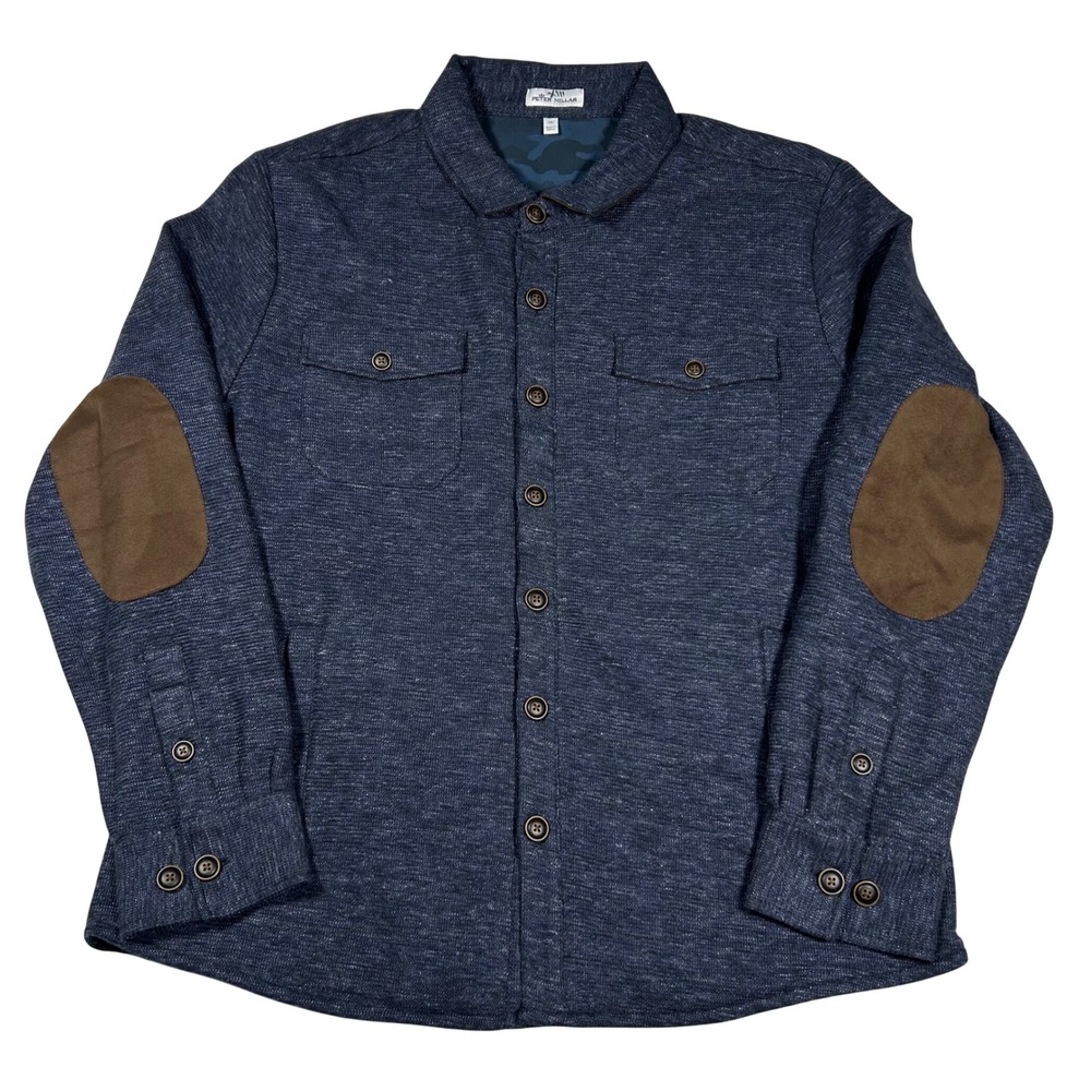 Peter Millar Slub Cotton Linen Shirt Jacket Mens XL Blue Camo Lined Elbow Patch